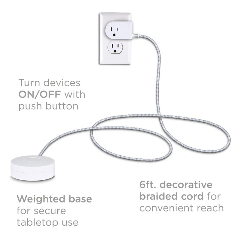 Cordinate Extension Cord with Switch On/Off Plug 2 Pack, 6 Ft Braided Power Cord Outlet Switch, 3 Prong, Slip Resistant Base, Tabletop/Wall Mount, Perfect for Lamps/Holiday Lights, White/Gray, 50033 - Image 2